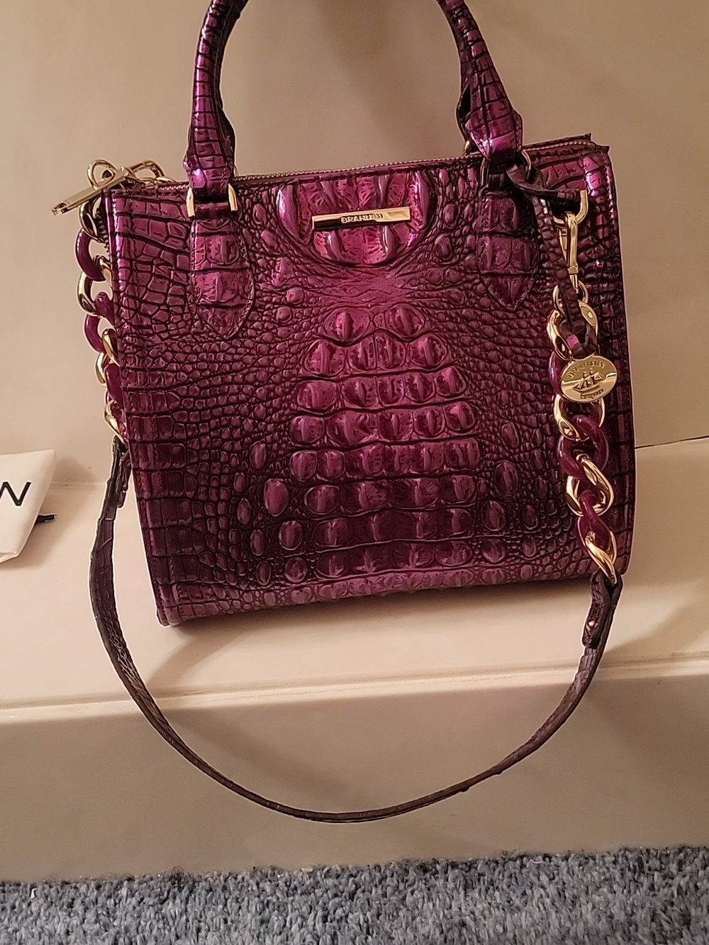 Brahmin Metallic Plum Croc-Embossed Satchel
